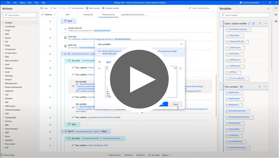 Slide do vídeo sobre Criação e teste mostrando um fluxo da área de trabalho sendo criado no Power Automate para desktop