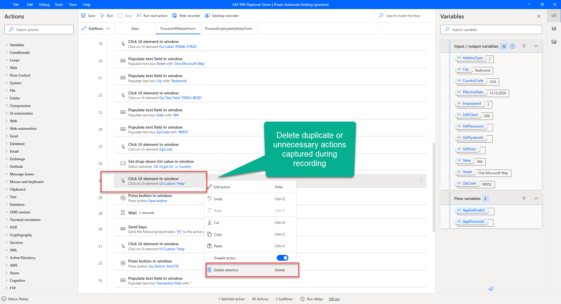 Captura de tela de mais da Área de Trabalho do Power Automate mostrando ações duplicadas ou capturadas acidentalmente a serem removidas – continuação.