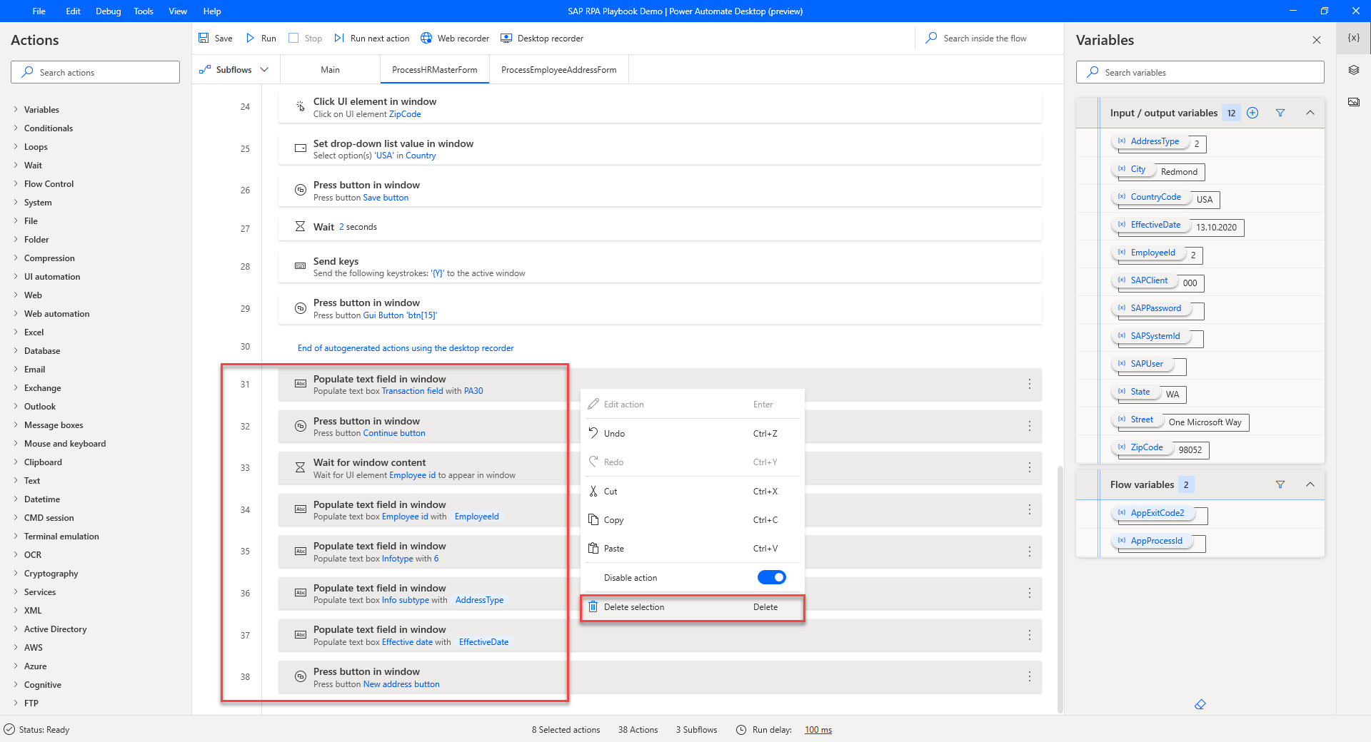 Captura de tela da Área de Trabalho do Power Automate que mostra as ações adicionadas que devem ser excluídas.