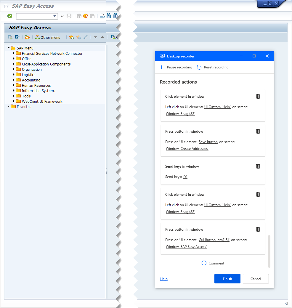 Captura de tela do SAP GUI com a janela de acompanhamento do Gravador da área de trabalho.