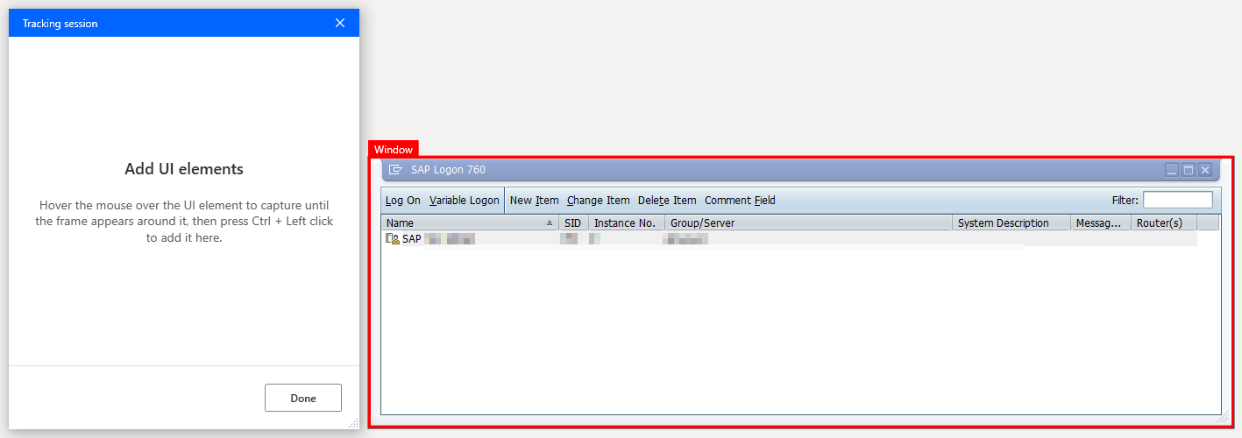 Captura da tela do SAP Logon 760 com uma caixa com borda vermelha e uma janela de sessão de acompanhamento do Power Automate Desktop.