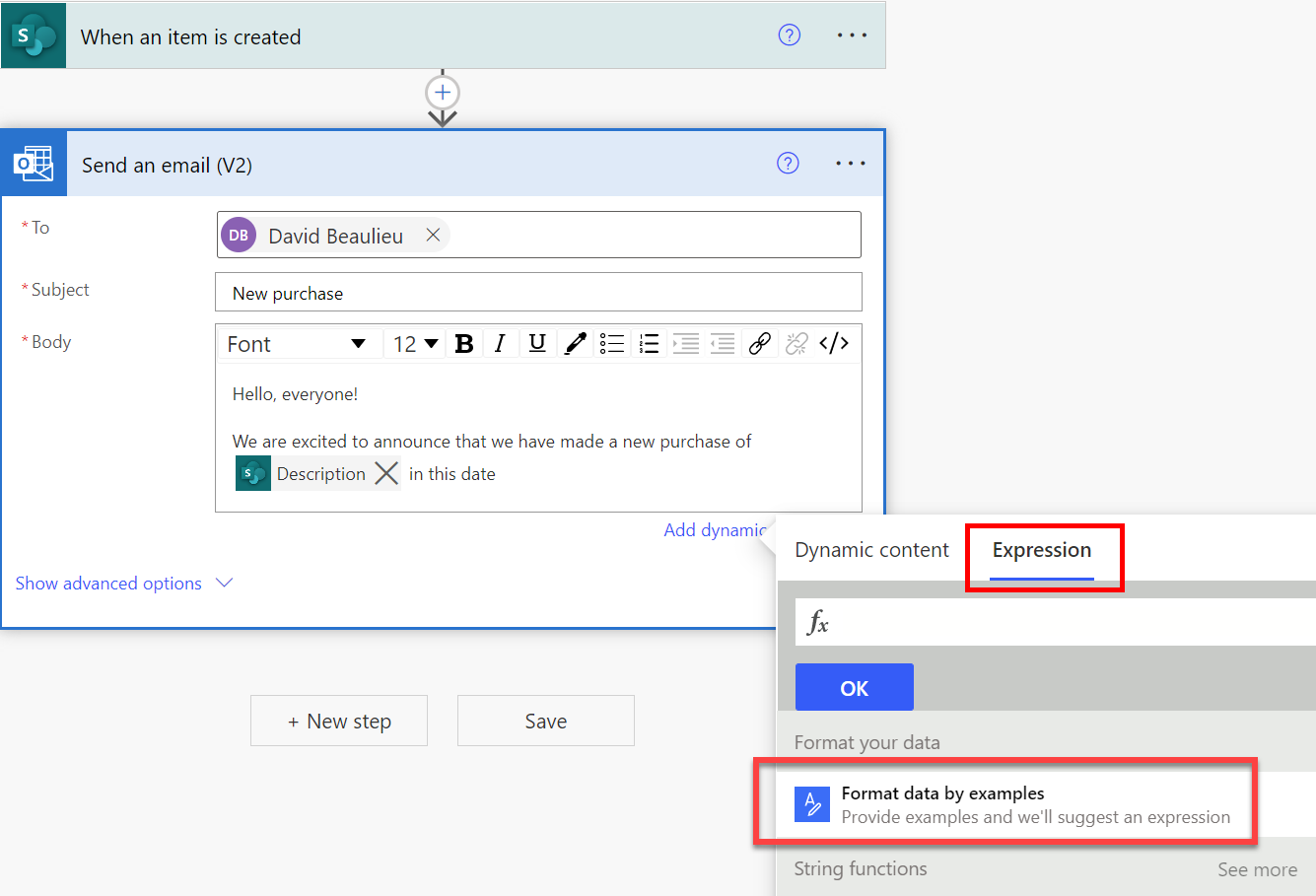 Captura de tela da opção para abrir Formatar dados por exemplos no menu de expressão.