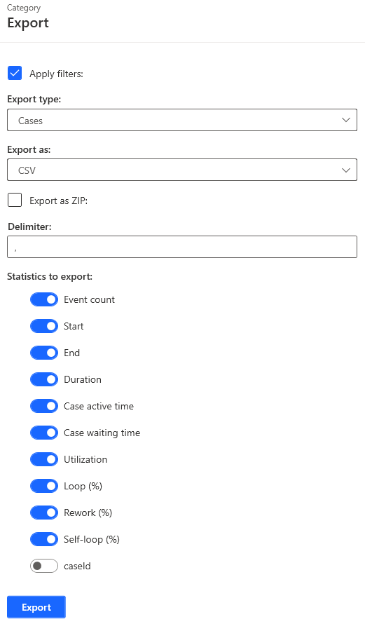 Captura de tela da exportação de informações do caso.