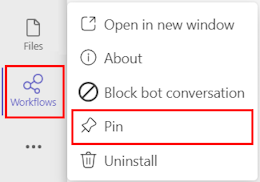 Captura de tela de fixação do aplicativo Workflows no Teams.