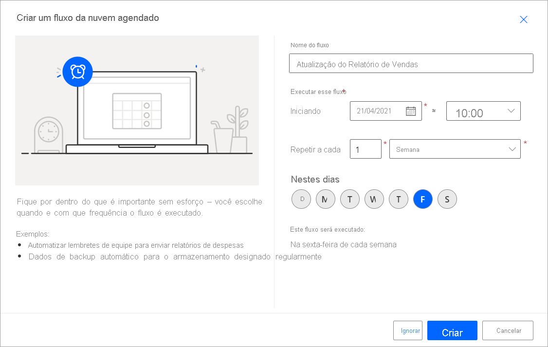 Captura de tela mostrando a caixa de diálogo Criar um fluxo da nuvem agendado.