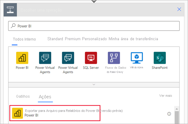 Captura de tela mostrando a caixa de diálogo do Power Automate para escolher uma operação. Exportar para Arquivo de Relatórios do Power BI está realçado.