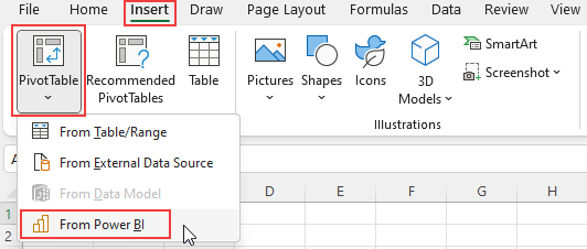 Captura de tela de Inserir Tabela Dinâmica do conjunto de dados do Power BI.