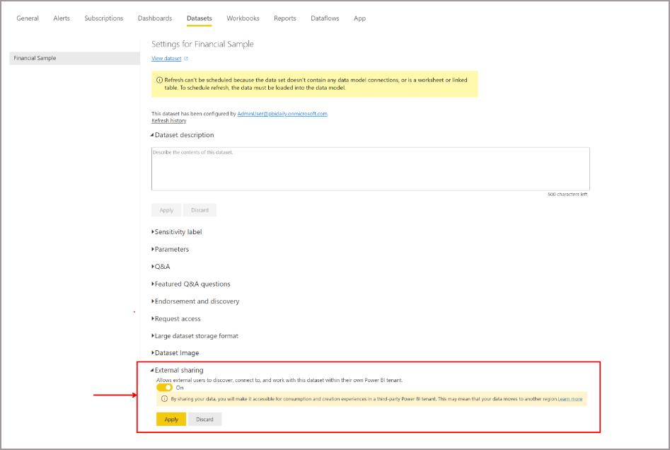 Captura de tela das configurações de modelo semântico com as configurações de compartilhamento externo definidas para aplicar.