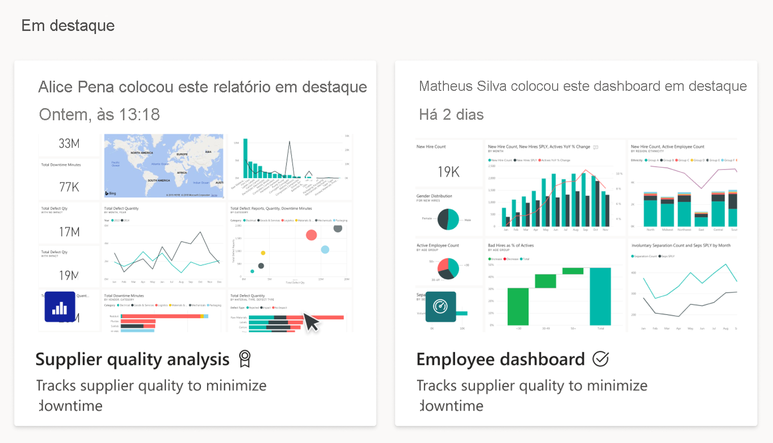 Conteúdo do Power BI em destaque na página inicial