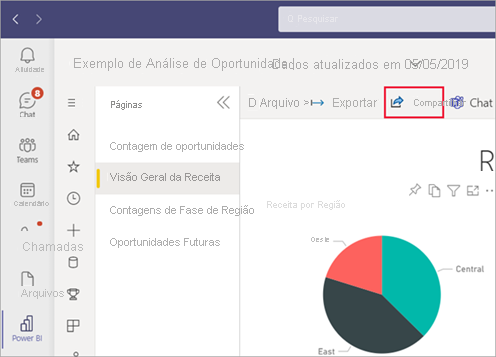 Captura de tela do relatório exemplo de análise de oportunidade no aplicativo Microsoft Teams com a visão geral da receita exibida e a opção Compartilhar selecionada.