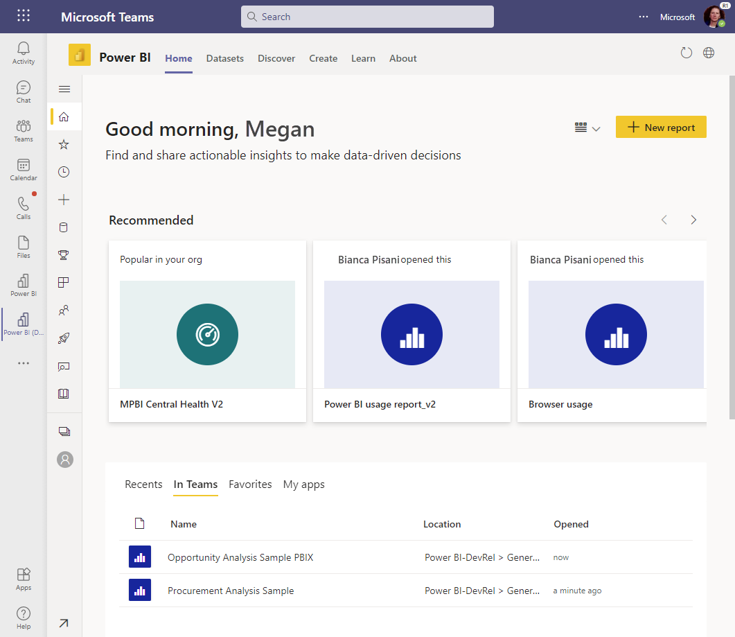 Captura de tela da página inicial do aplicativo Power BI no Microsoft Teams mostrando a guia No Teams selecionada.