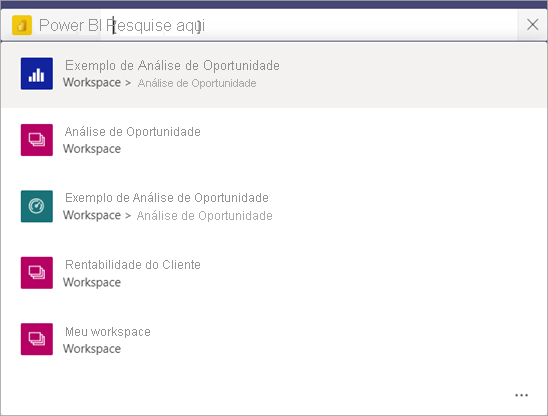 Captura de tela da barra de pesquisa do Teams mostrando uma lista de relatórios e Meu workspace no aplicativo do Power BI.