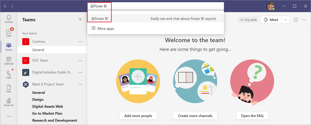 Captura de tela da página do Teams com @Power BI inserido e realçado na barra de pesquisa do Teams.