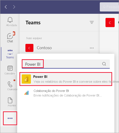 Captura de tela da página do Teams com o menu Mais aplicativos adicionados selecionado. Power BI é inserido na barra de pesquisa e selecionado na lista de aplicativos.