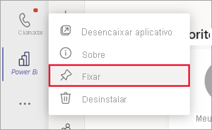 Captura de tela do painel de navegação do Teams. O ícone do Power BI é clicado com o botão direito do mouse e a opção fixar é selecionada.