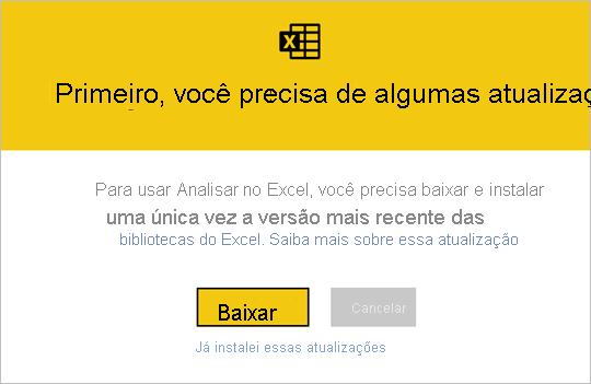 Captura de tela de atualizações do Excel.