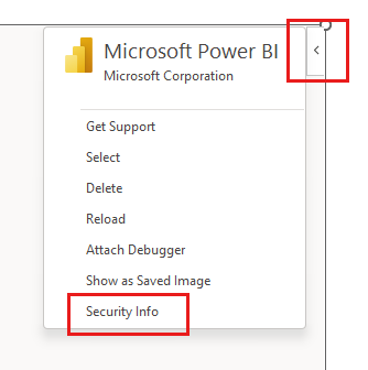 Screenshot of the add-in Security Info add-in side pane menu option.
