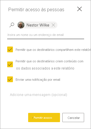 Captura de tela da caixa de diálogo Permitir às pessoas acesso ao relatório.