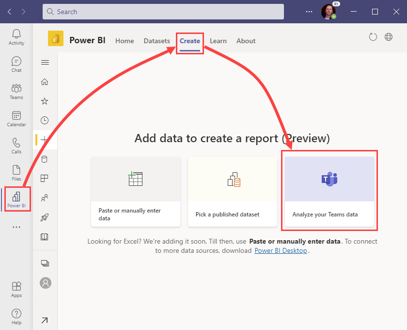  Crie um relatório do Power BI para analisar sua atividade do Teams.