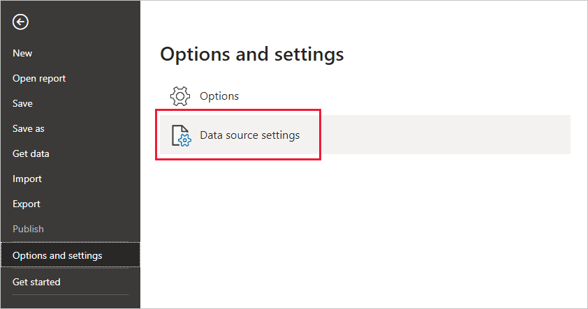 Captura de tela que mostra a seleção das configurações da fonte de dados em Opções e configurações.