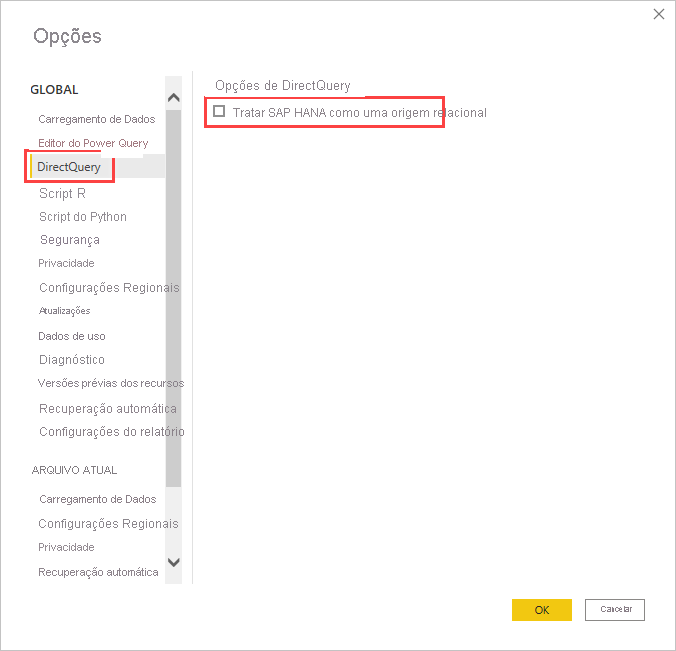 Captura de tela da caixa de diálogo Opções, mostrando as opções do DirectQuery.