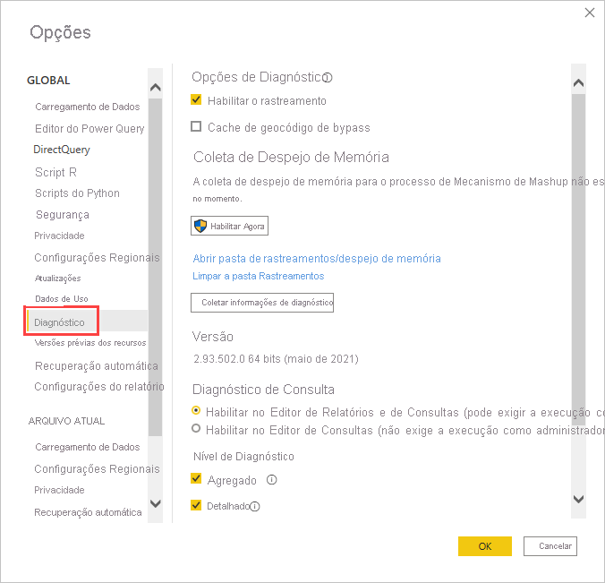 Screenshot of the Diagnostics section of the Power BI Desktop Options screen with the link to open the crash dump/traces folder.