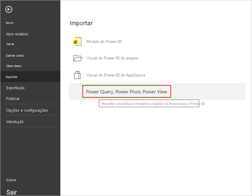 Captura de tela que mostra o recurso Importar pasta de trabalho do Excel.