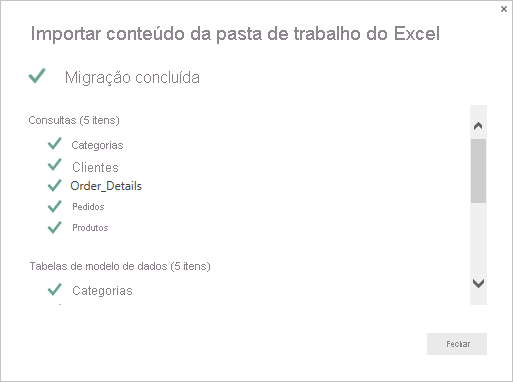 Captura de tela que mostra a página de resumo de Importar conteúdo da pasta de trabalho do Excel.