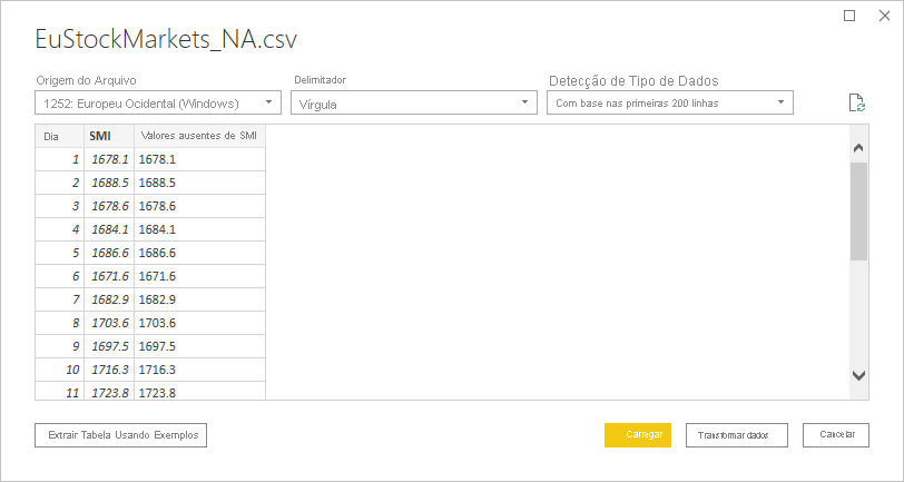 Screenshot of the CSV file dialog, showing the selected CSV.