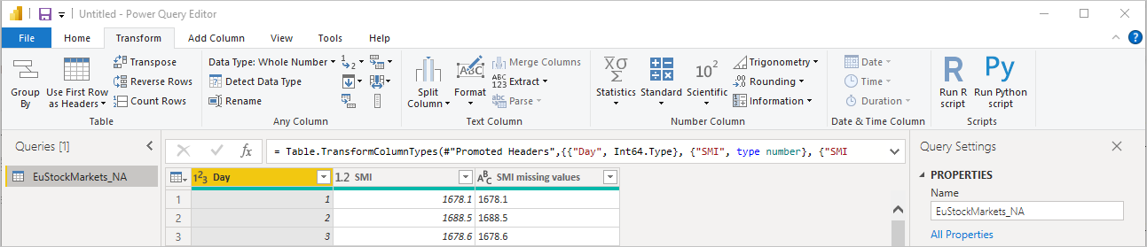 Screenshot of the Transform tab, showing rows of data.