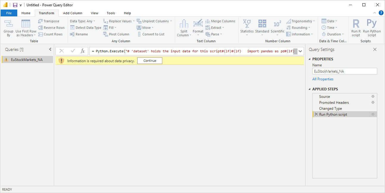 Screenshot of the Power Query Editor pane, showing the warning about data privacy.