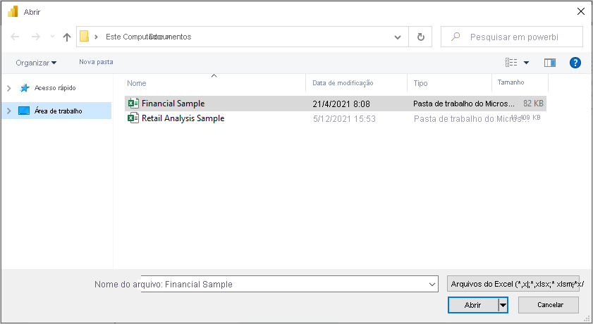 Screenshot shows a file selection dialog with Financial Sample selected.