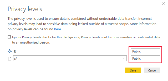 Screenshot shows the Privacy levels dialog with Public privacy selected.