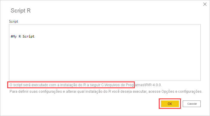 Screenshot shows the R script dialog in Power BI Desktop with R installation information highlighted.