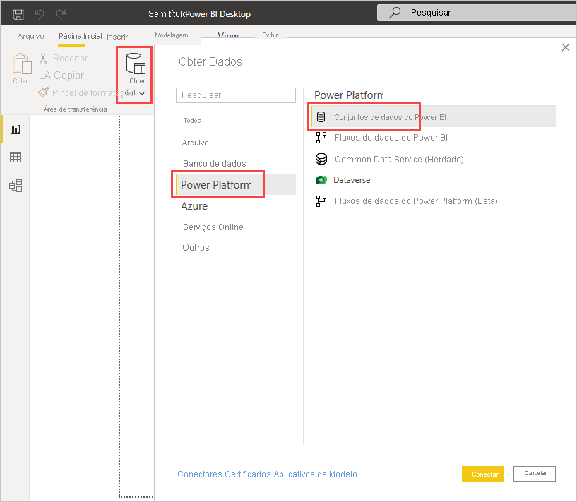 Captura de tela que mostra a seleção de modelos semânticos do Power BI na tela Obter dados do Power BI Desktop.