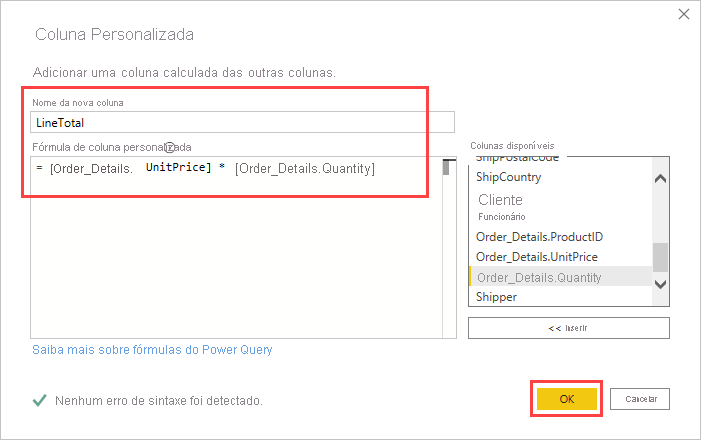 Screenshot that highlights the New column name and Custom column formula fields.