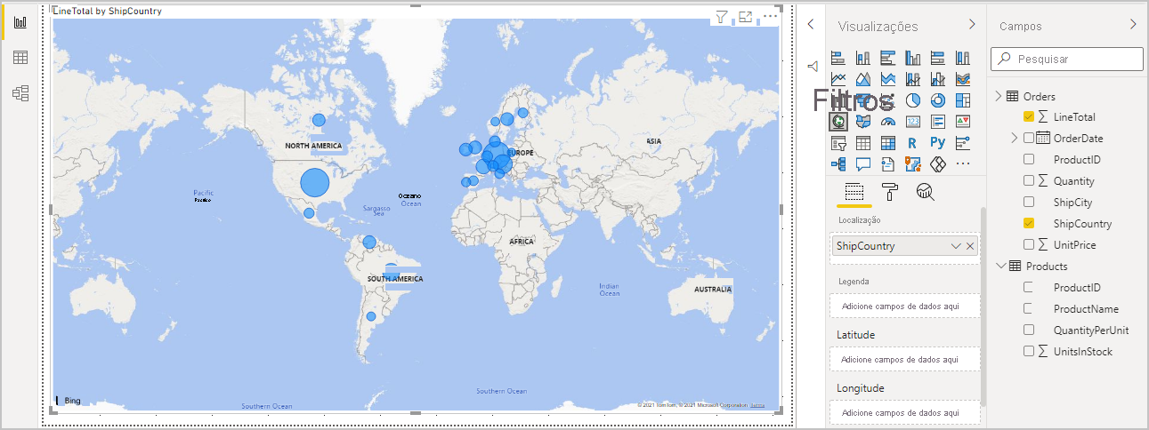 Screenshot that shows the LineTotals by ShipCountry map visualization.