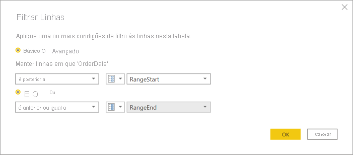 Diálogo Filtrar linhas mostrando as condições RangeStart e RangeEnd.