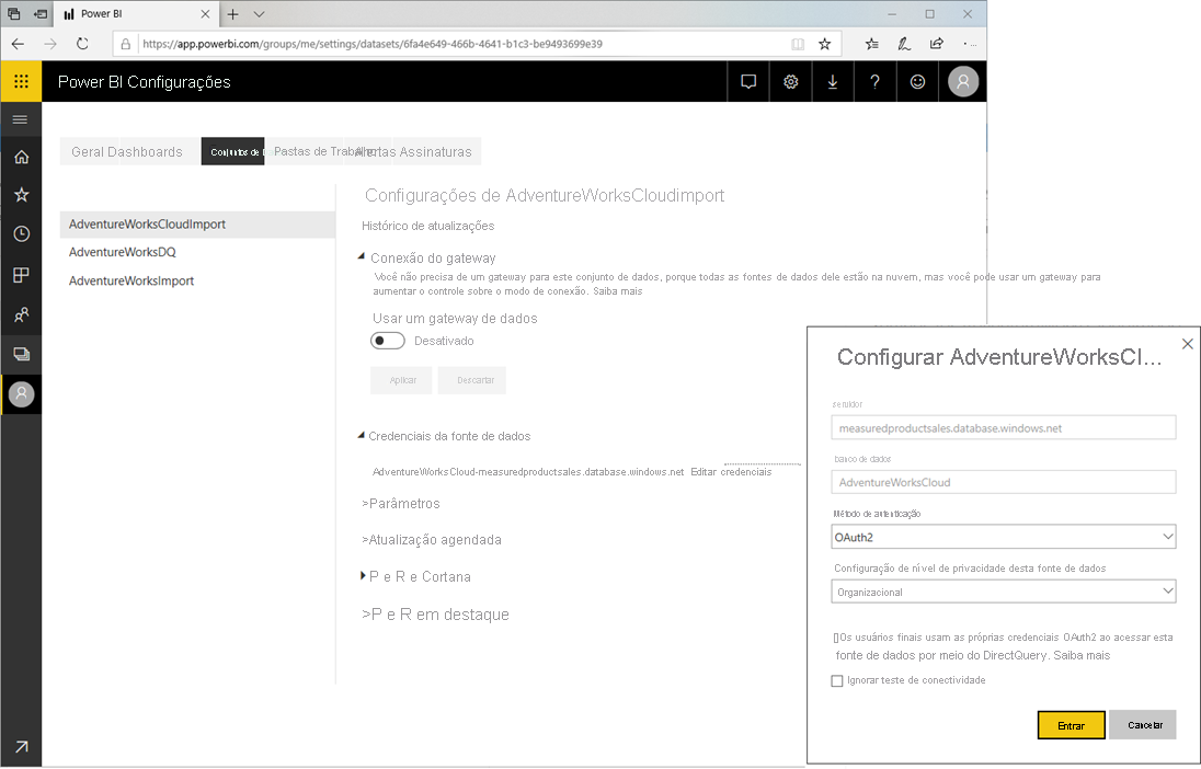 Configurar credenciais da fonte de dados sem um gateway