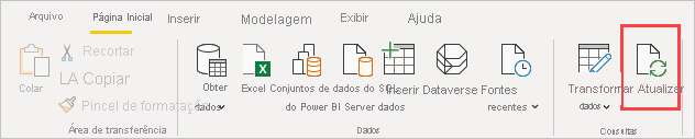 Captura de tela da faixa de opções Página Inicial no Power BI Desktop mostrando a seleção de Atualizar.