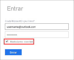 Captura de tela da caixa de diálogo Entrar mostrando a caixa Mantenha-me conectado marcada.