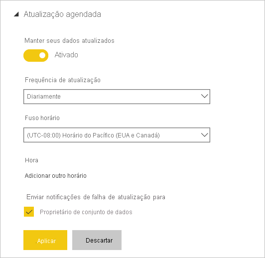 Captura de tela da caixa de diálogo Atualização agendada do serviço do Power BI.