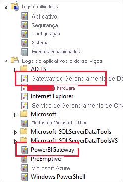A captura de tela mostra logs do Gateway de Gerenciamento de Dados e do PowerBIGateway no diretório Aplicativos e Logs de Serviço.