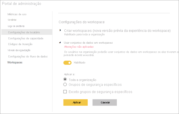 Configurações de workspace do administrador do Power BI