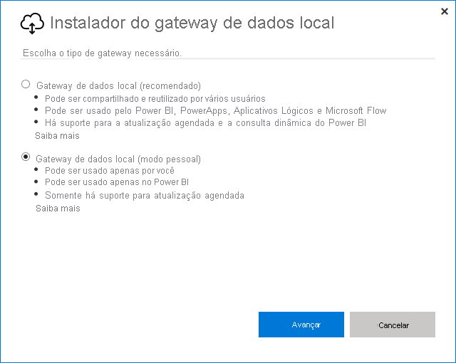 Captura de tela que mostra a seleção do gateway de dados local (modo pessoal).