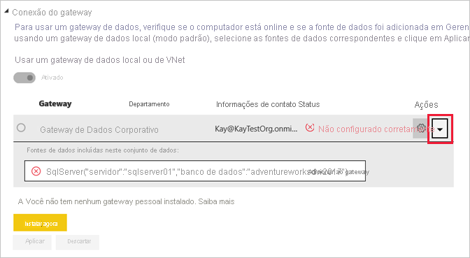 Captura de tela que mostra as fontes de dados expandidas com a seta de alternância realçada.