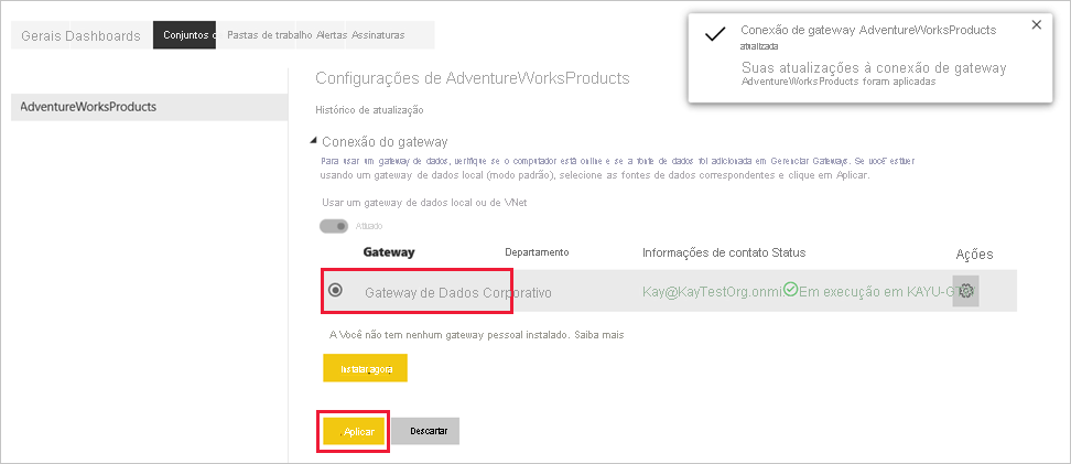 Captura de tela que mostra a aplicação da conexão de gateway.