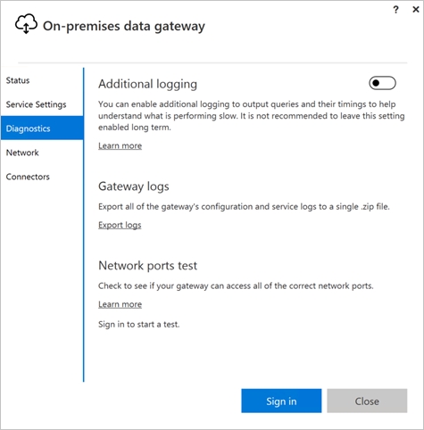 Aplicativo de gateway de dados local, com o Diagnóstico realçado