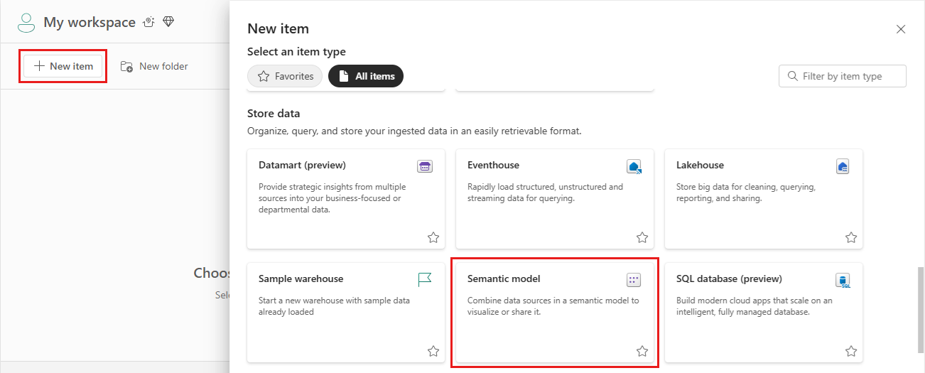 Captura de tela que mostra o menu Novo item e o bloco de modelo semântico no painel de seleção em Meu Workspace.