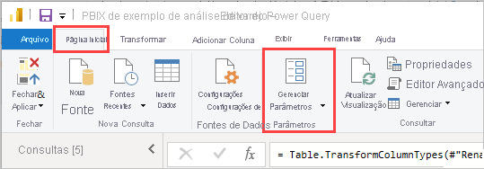 Screenshot of Power Query Editor Home tab showing Manage Parameters option in Power BI Desktop.